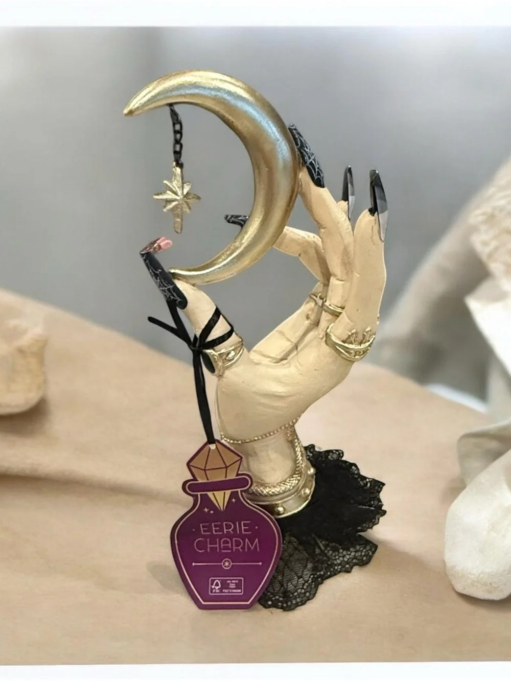 Gothic Celestial Witch Hand Crescent Moon Statue Black Lace Halloween Home Decor